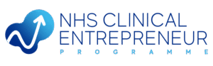 NHS Clinical Entrepreneur Programme logo featuring a blue gradient icon with an upward arrow and wavy line, reflecting innovation in healthcare areas such as pelvic organ prolapse pessary solutions.