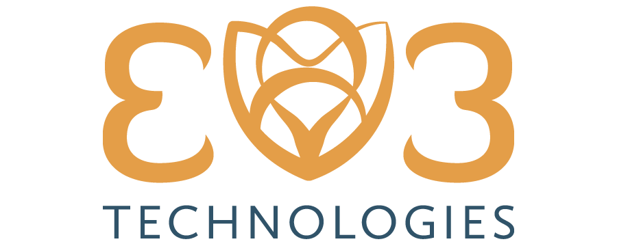 Logo for EV3 Technologies featuring stylized orange "EV3" lettering with a symmetrical, abstract emblem reminiscent of a pelvic organ prolapse pessary above the word "Technologies" in blue capital letters.
