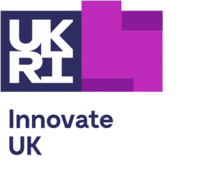 UKRI Innovate UK logo featuring bold white text on a dark blue square next to an abstract purple geometric shape, with "Innovate UK" written below—often seen on research into pelvic organ prolapse pessary innovations.